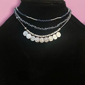 NY Collection triple layered blue and silver bead choker necklace